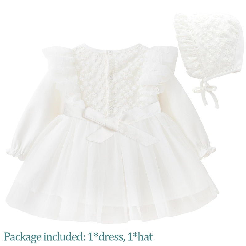 Curipeer Baby Girl Casual Lace Ruffle Dress Long Sleeve Infant Baptism Flower Dress White 6-12 Months - Image 2
